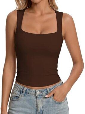 Women's Square Neck Crop Tank Top Double Lined Fitted Sleeveless Basic Top